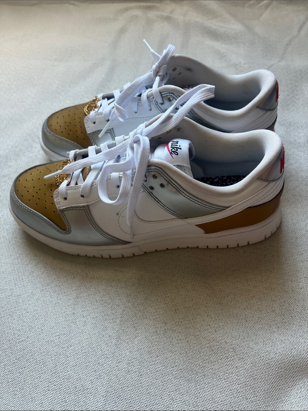 Nike Dunk Low Gold White Silver Leather Sneakers Womens Shoe Size 8.5 - Picture 2 of 11